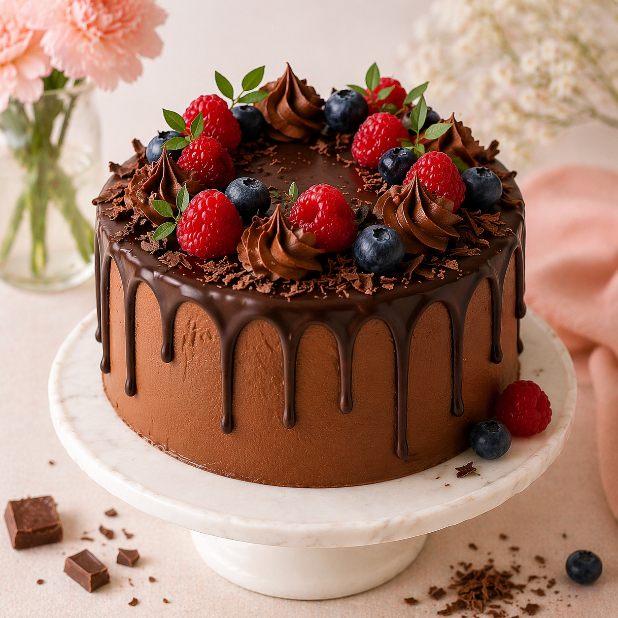 Chocolate cake with berry topping and glossy ganache drip