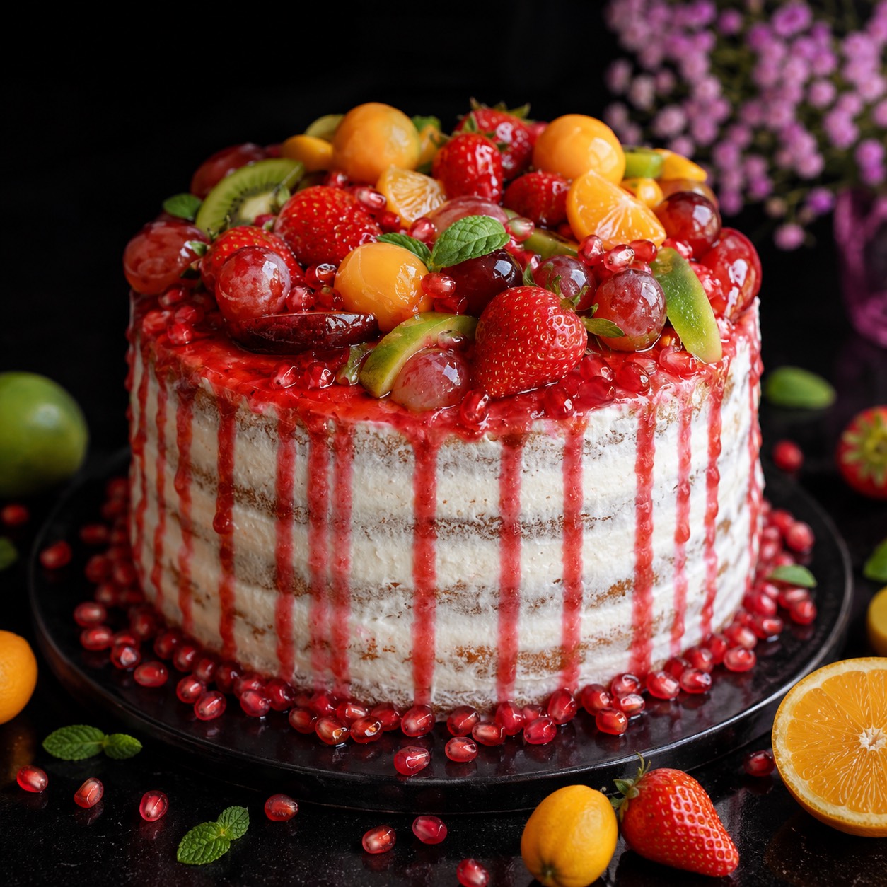 Fresh fruit cake layered with white cake and pastry cream, topped with strawberries, citrus, kiwi, grapes, pomegranate, and fruit sauce