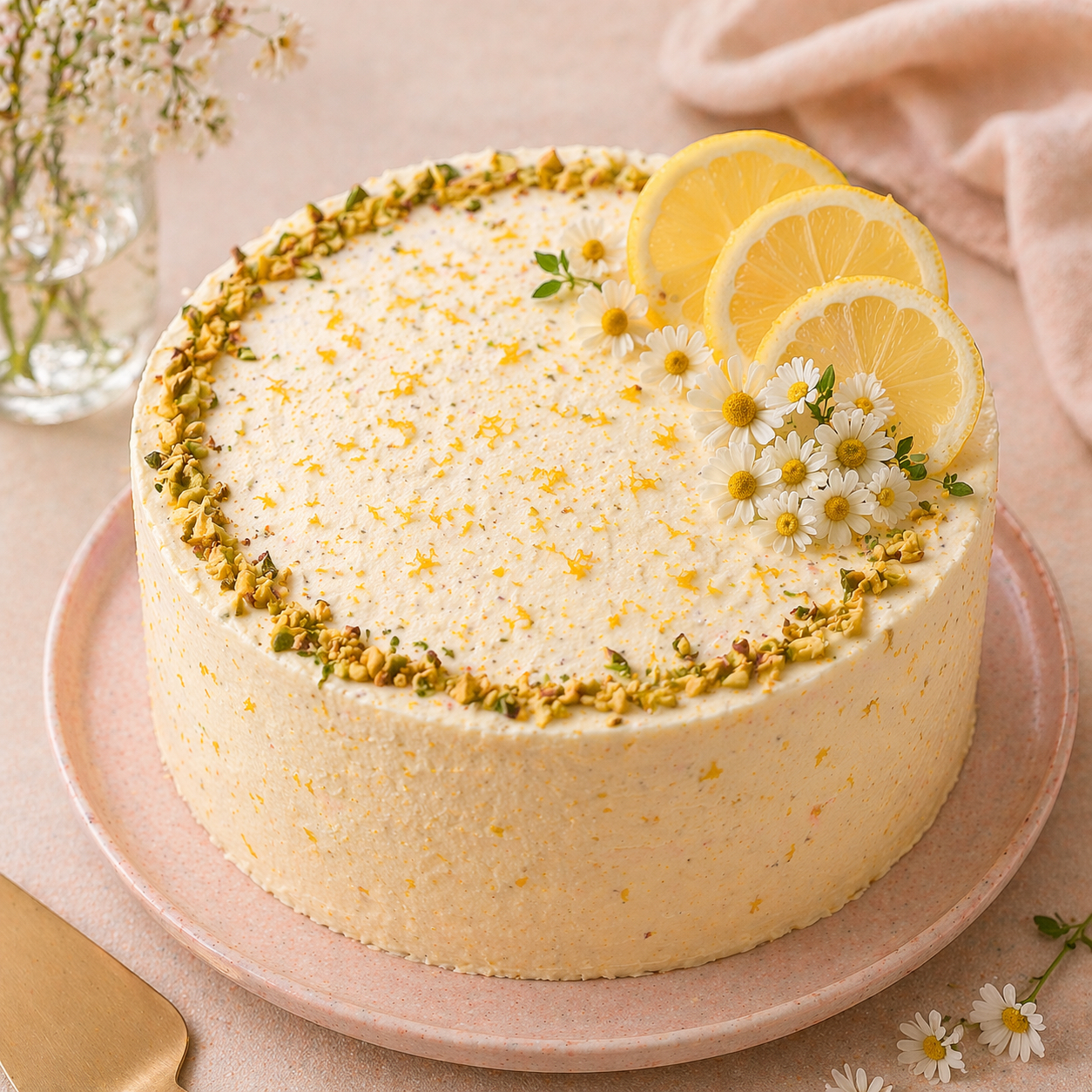 Lemon pistachio cake with floral accents and fresh citrus slices
