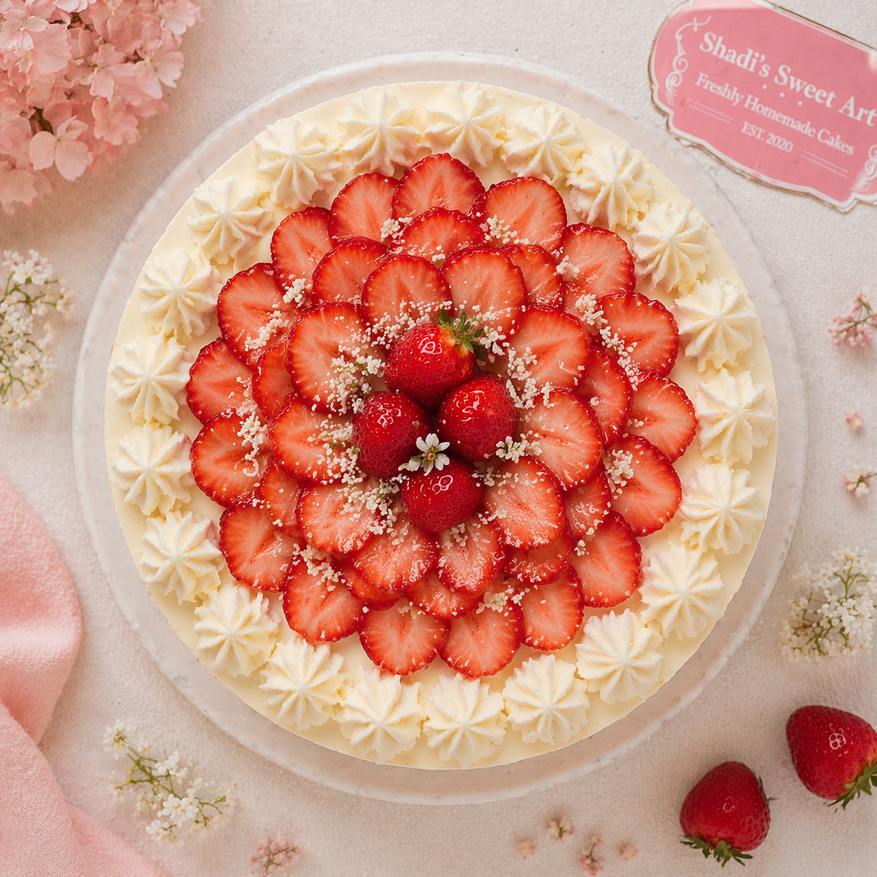 Top view of a fresh strawberry cake