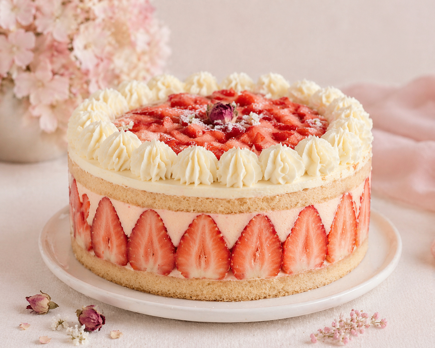 A beautifully decorated strawberry cake by Shadi’s Sweet Art