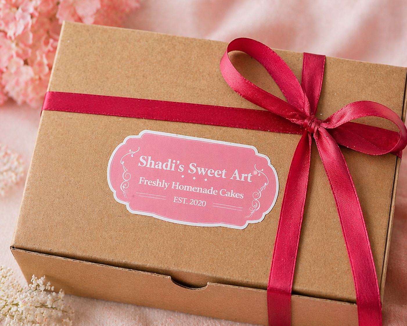 Shadi’s Sweet Art pink packaging label on a gift box