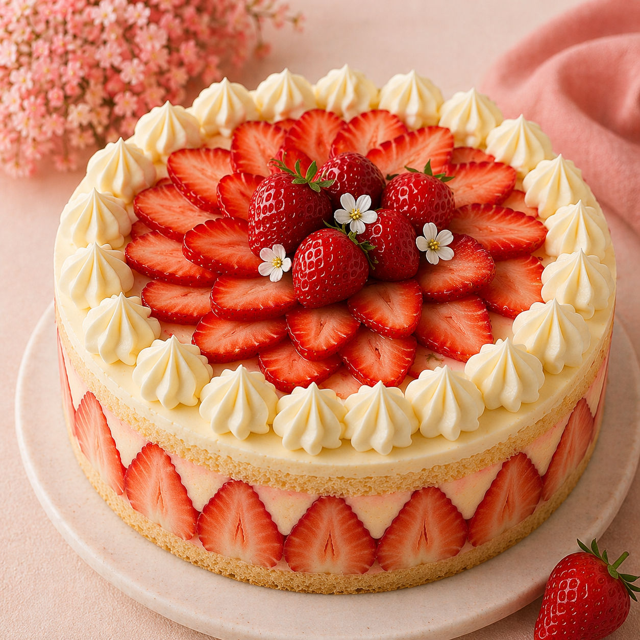 Strawberry fraisier cake with fresh strawberries and soft cream piping